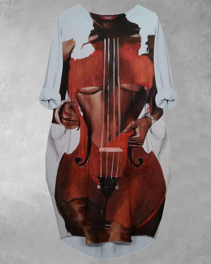 Black Women's Violin Art Long Sleeve Pockets Midi Dress