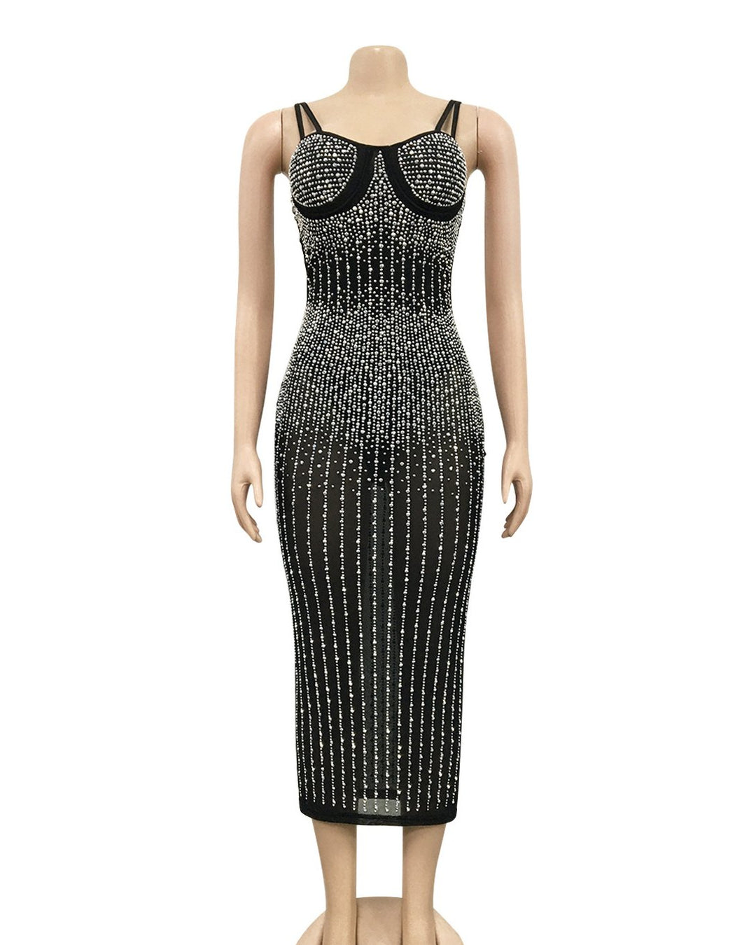 Women's Fashion Solid Color Sexy Waist Mesh See-through Rhinestone Sling Party Dress