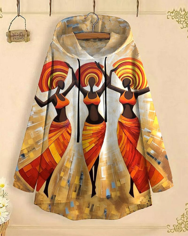 Retro Folk Dancer Long-Sleeved with Loose Hem Hoodie