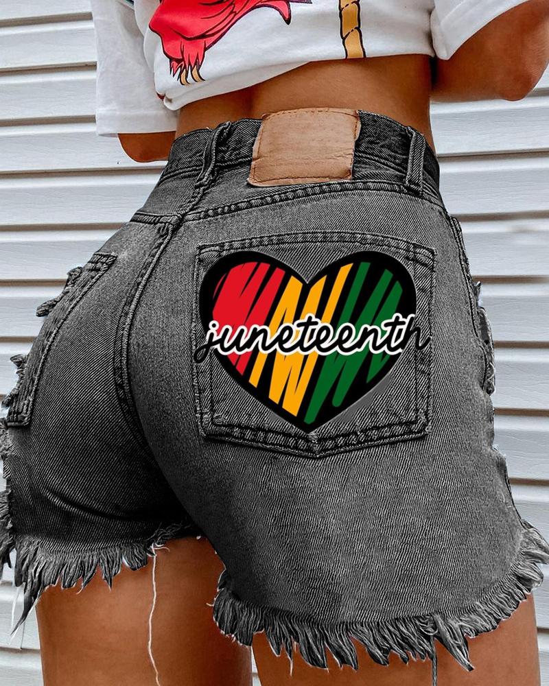 Juneteenth Heart Letter Print Denim Shorts