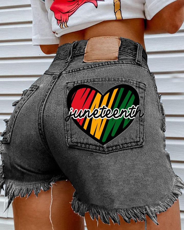 Juneteenth Heart Letter Print Denim Shorts