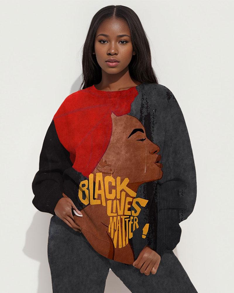 Black Lives Matter Earrings Print Long Sleeve Sweatshirt Two Pieces Set