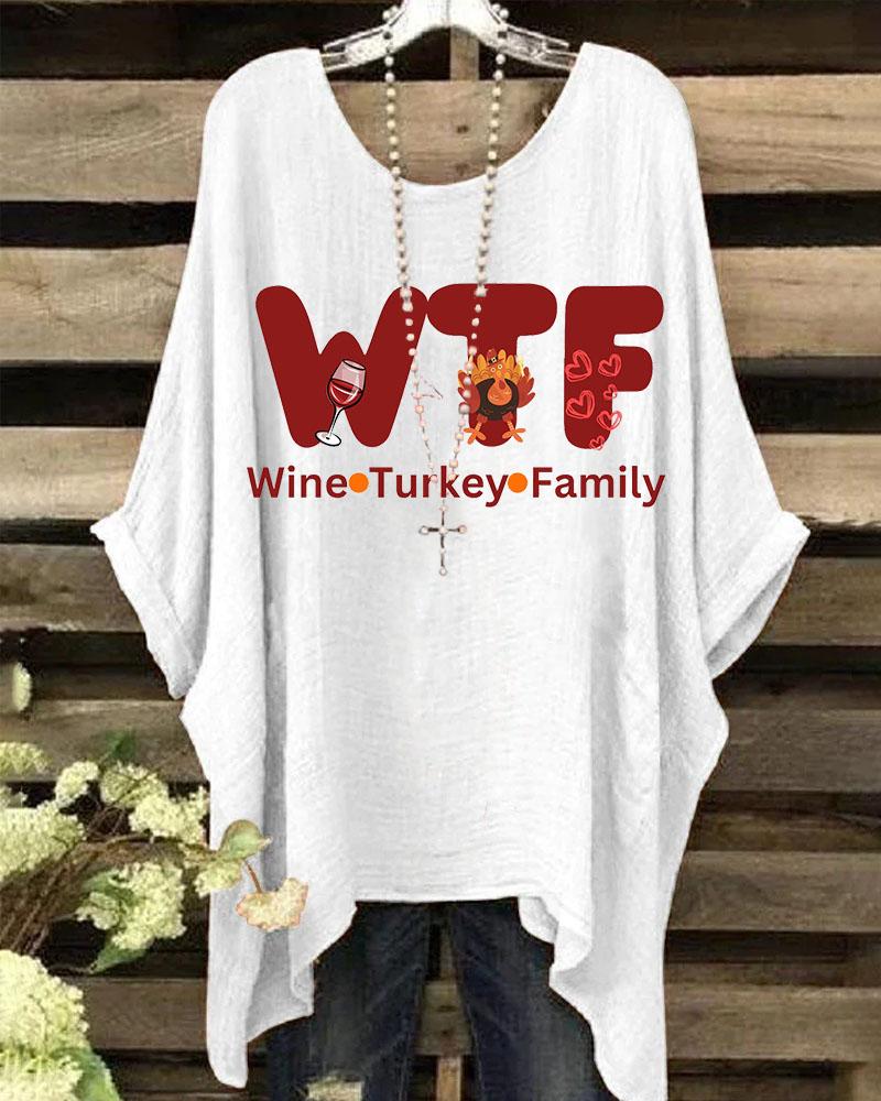 Thanksgiving Wine Turkey Family Batwing Sleeve Women Round Neck Print Shirt