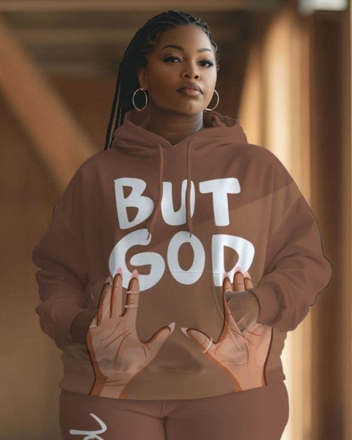 BUT GOD Letter Print Long Sleeve Hoodie Two Pieces Set