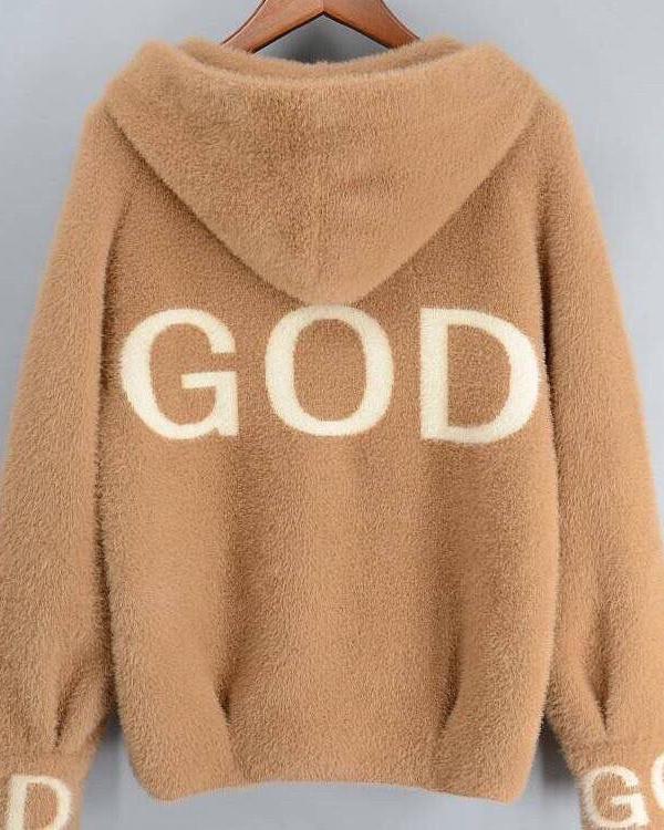 God Knitted Plush Hoodie Cardigan Jacket