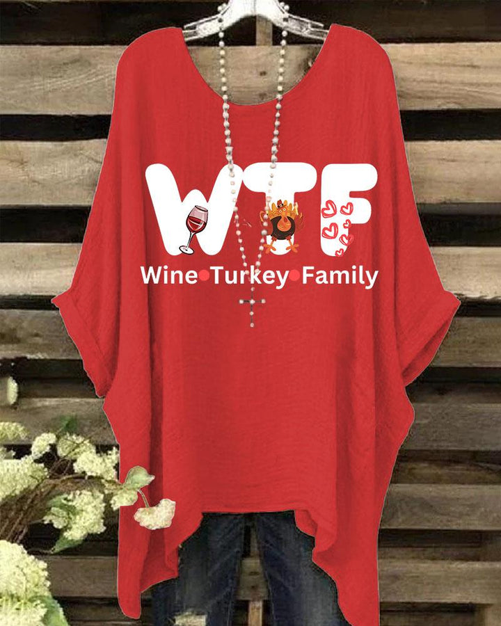 Thanksgiving Wine Turkey Family Batwing Sleeve Women Round Neck Print Shirt