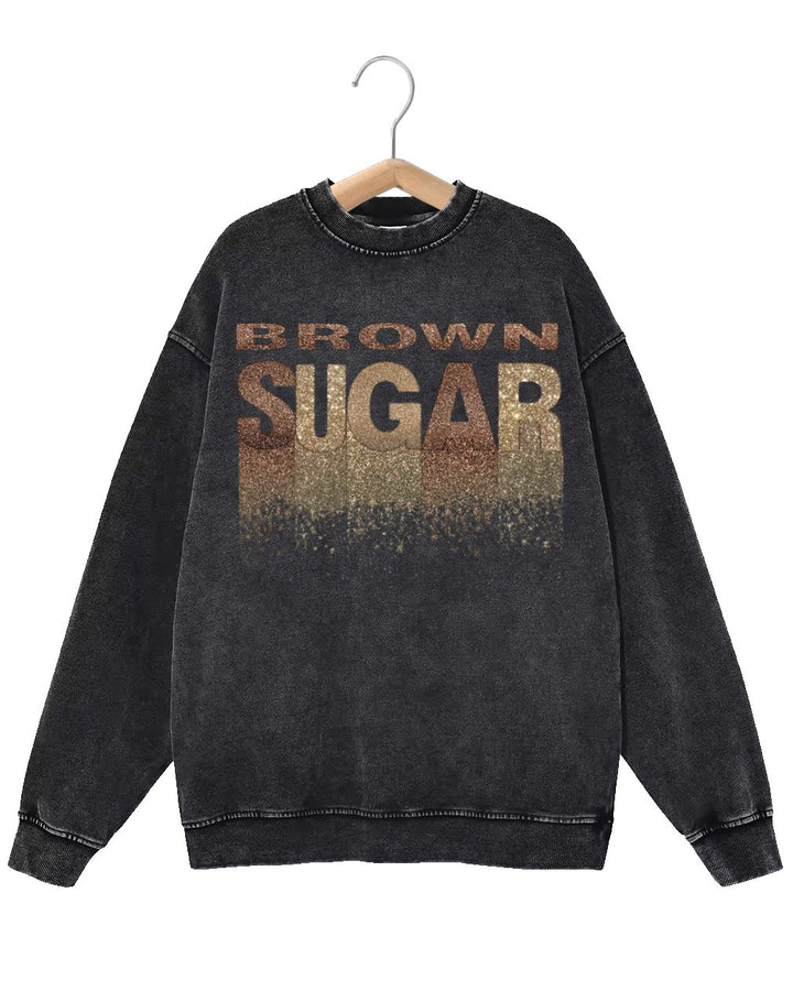 Retro Fashion Distressed Washed Brown Sugar Print Long Sleeve Unisex Sweatshirt