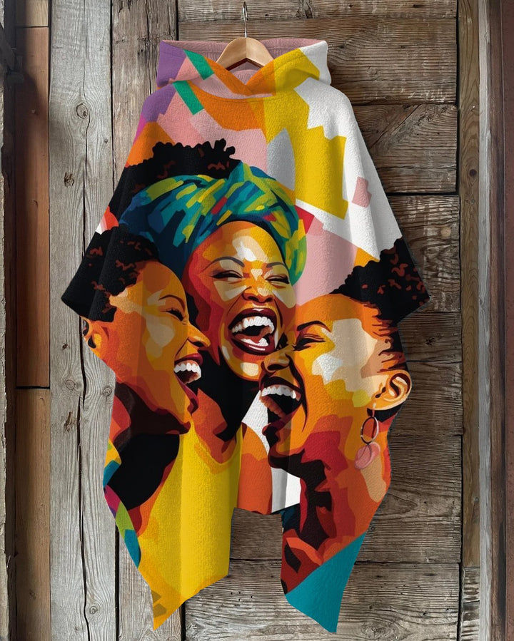 Happy African Sisters Oil Painting Hooded Warm Shawl Cape