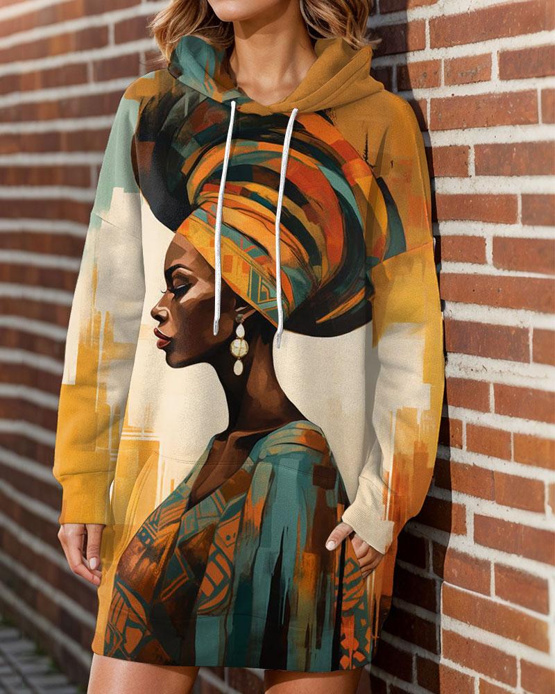 Women's Portrait Oil Painting Print Long Sleeve Hooded Dress