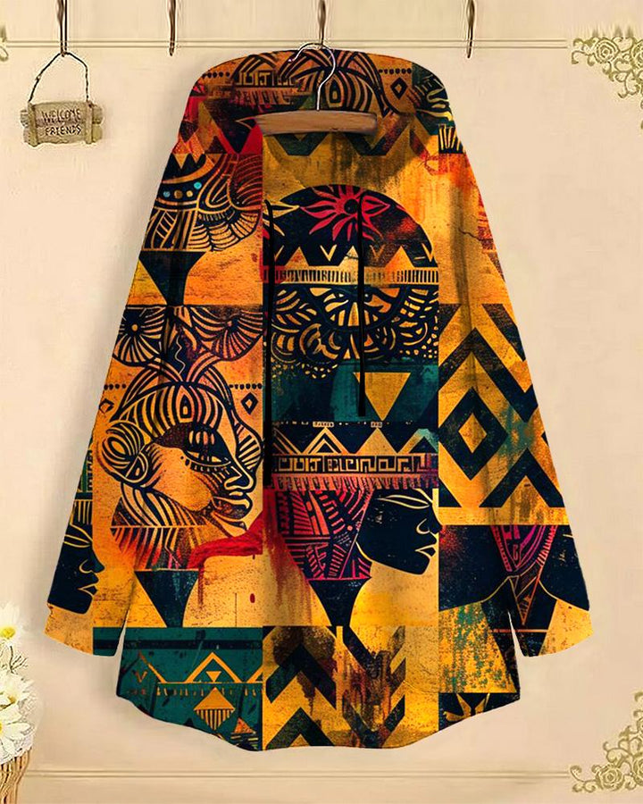 Retro Ethnic Print Long-Sleeved with Loose Hem Hoodie