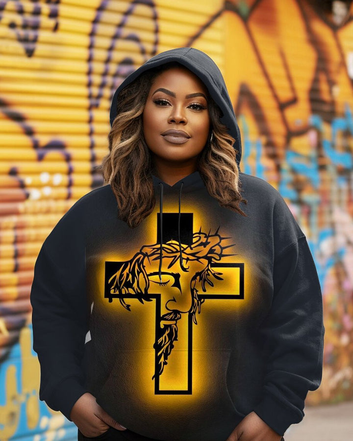 Women's Fashion Daily Cross Jesus Art Print Long-sleeved Hooded Sweatshirt