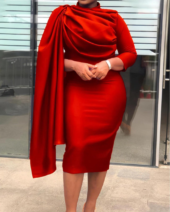 Fashionable High-end Elegant Style Solid Color Cape Dress