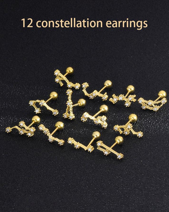 12 Constellations Gold Diamond Stud Earrings