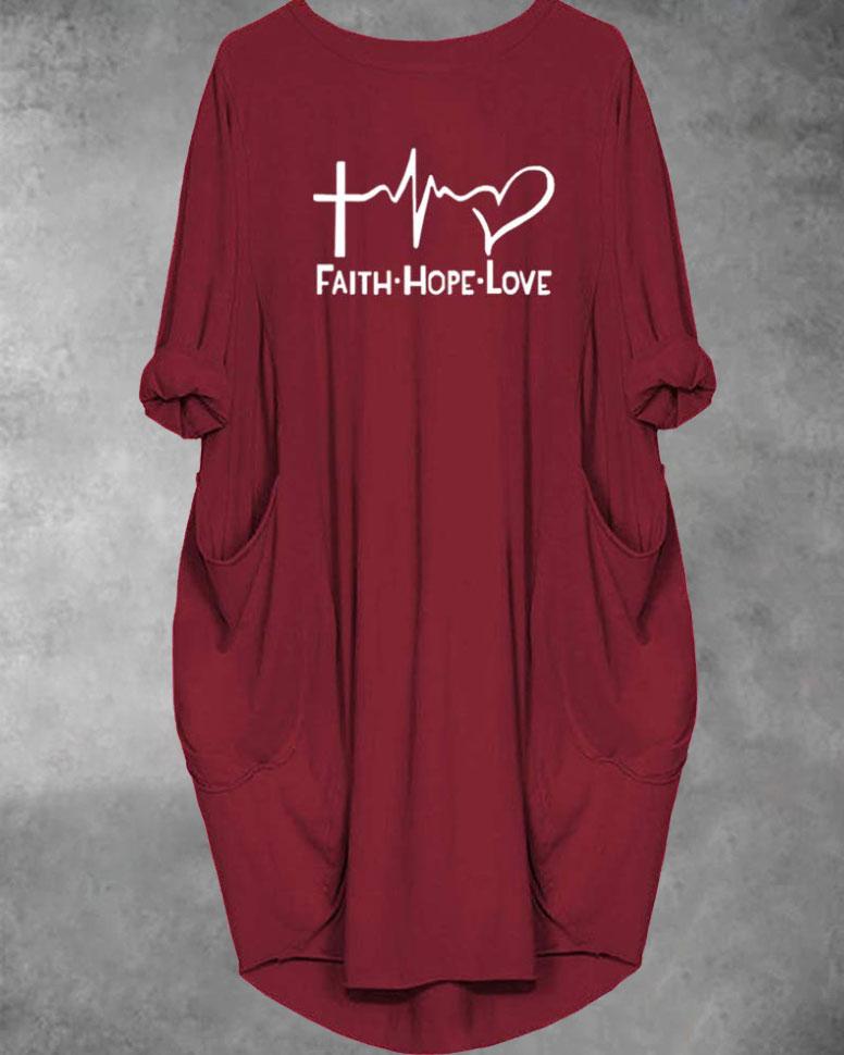 Faith Hope and Love Letters Long Sleeve Pockets Midi Dresses