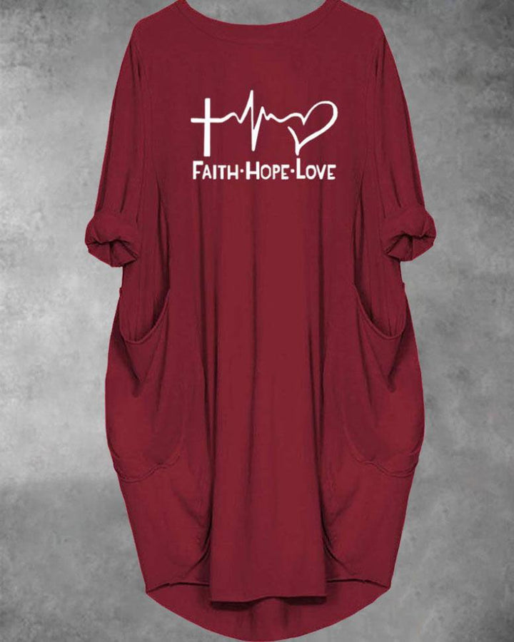 Faith Hope and Love Letters Long Sleeve Pockets Midi Dresses