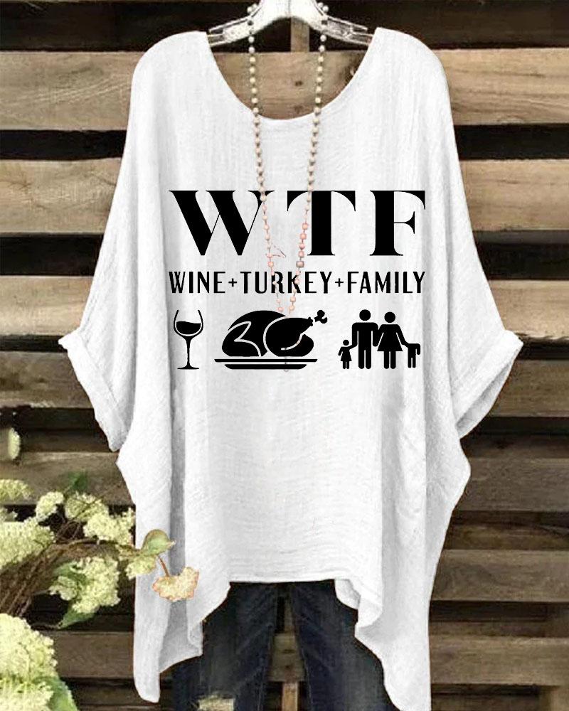 Women's Thanksgiving Wine Turkey Family Crewneck Batwing Sleeve Printed Blouses