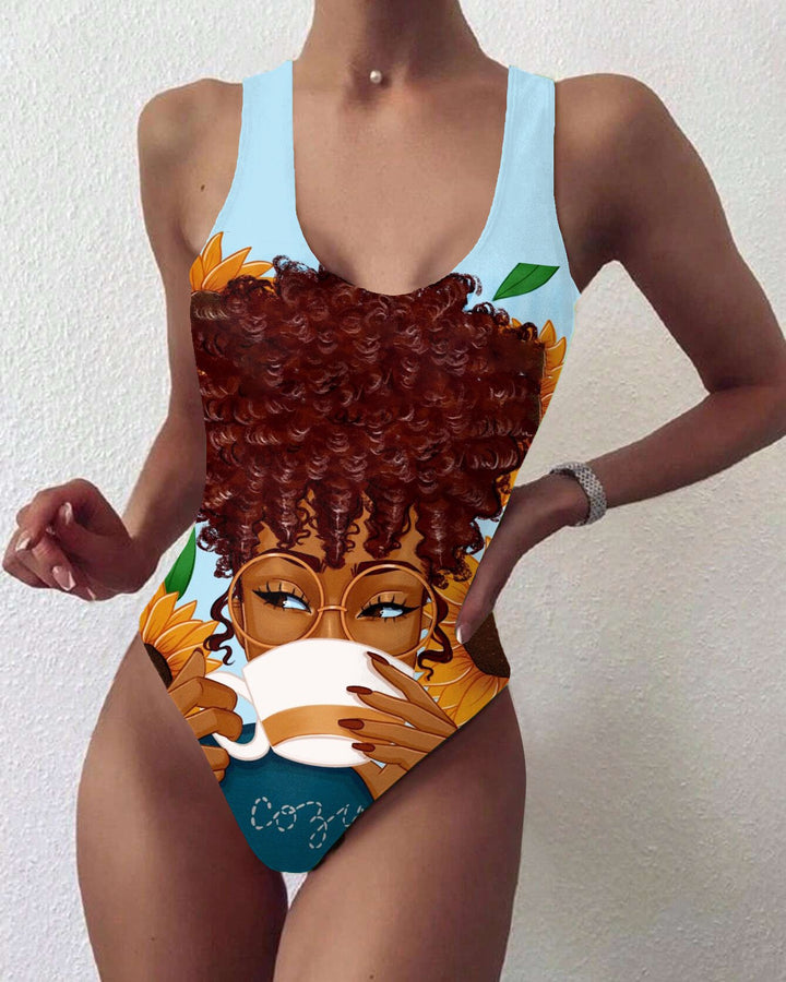 Curly Hair Sunflower Coffee Girl Backless One Piece Swimsuit