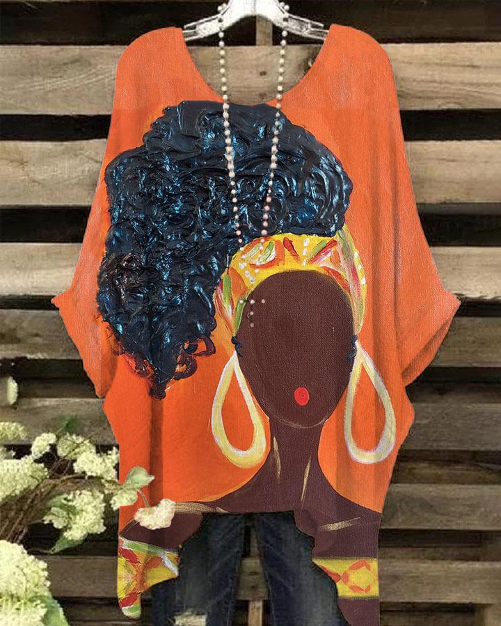 Women's Thanksgiving Black Face Big Earrings Girl Illustration Printed Round Neck Bat Sleeve Blouses