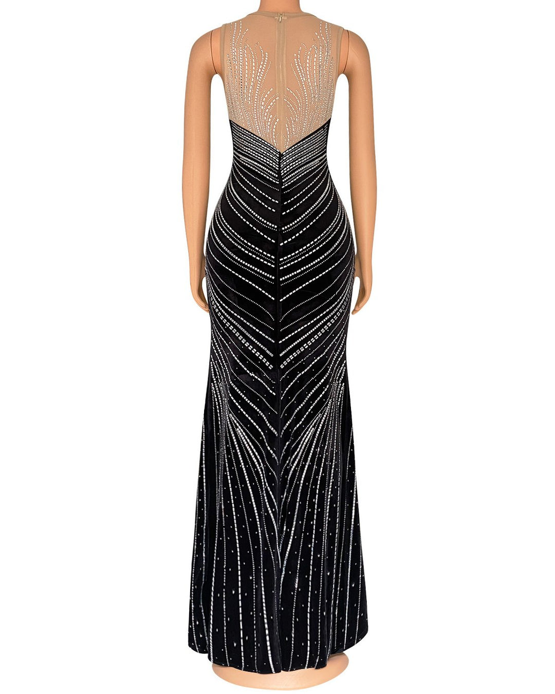 Women's Fashion Splicing Mesh Hot Diamond Evening Party Long Sleeveless Dress