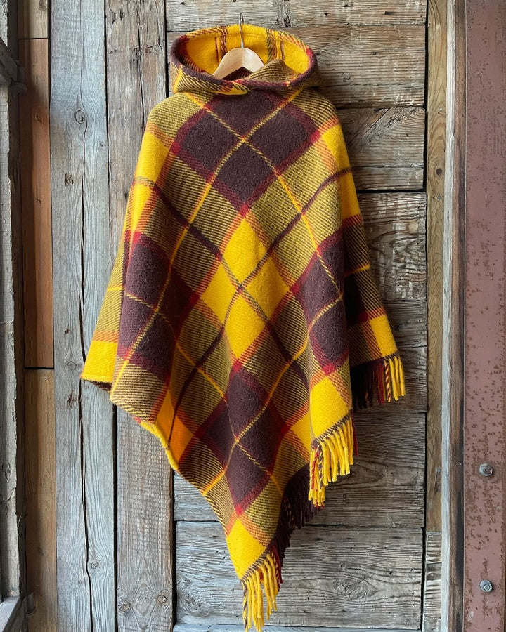 Yellow Plaid Print Tassels Hooded Warm Shawl Cape