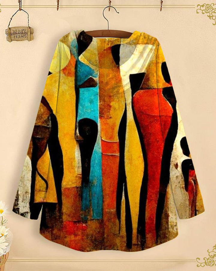 Retro Ethnic Print Long-Sleeved with Loose Hem Hoodie