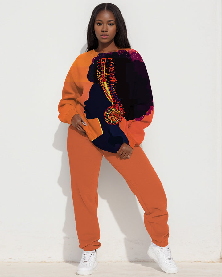 Ethnic Portrait Print Long-Sleeved Sweatshirt and Solid Color Casual Pants Set