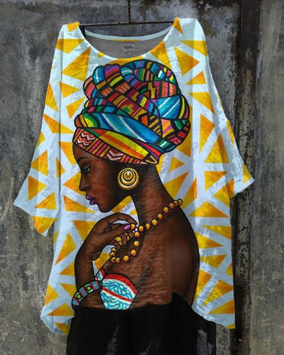 Geometric African Woman Oil Painting Linen Tunic Shirt
