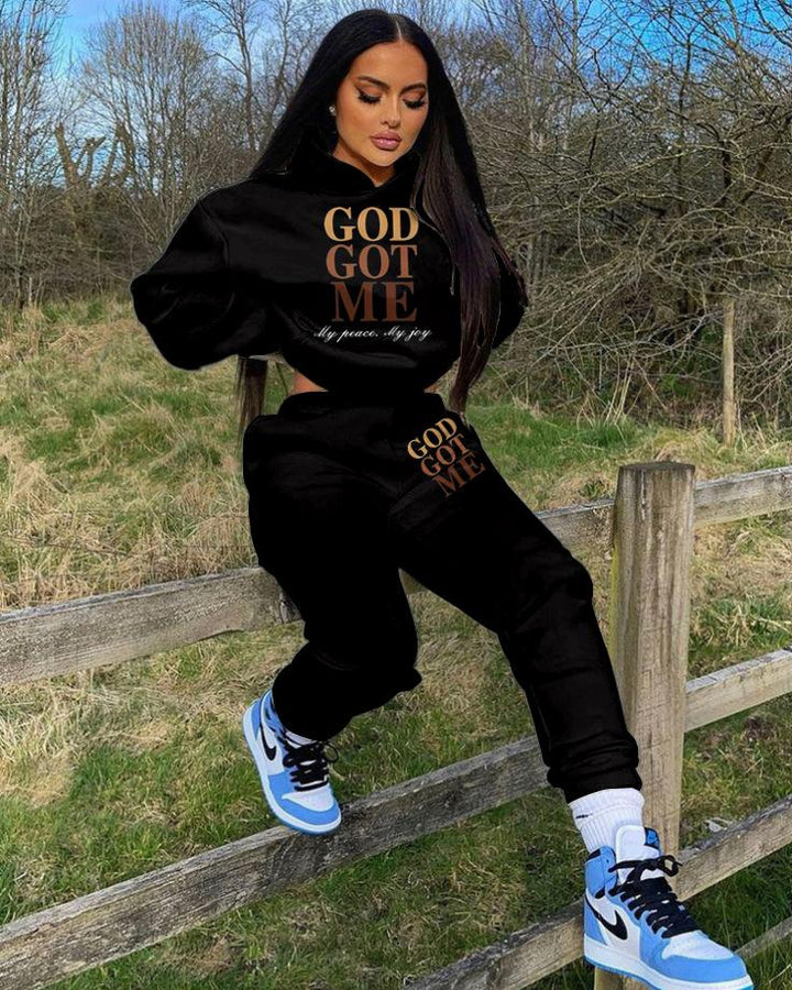 God Got Me Letter Printing Long Sleeve Hoodie Two Pieces Set