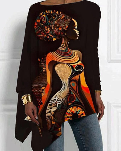 Black Ethnic Fashion Print Irregular Ladies Tops