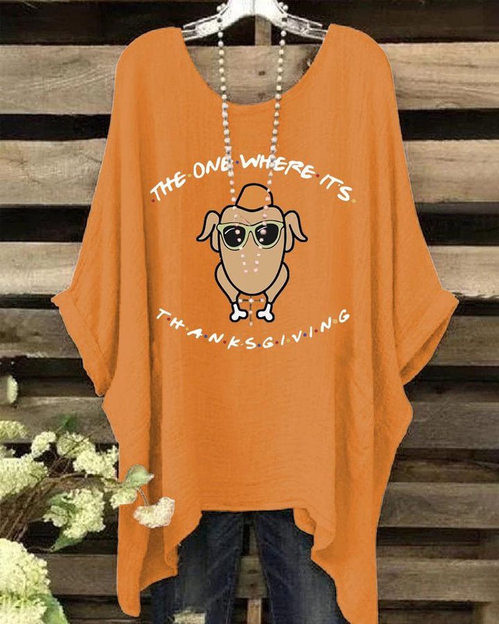 Women's The One Where It'S Thanksgiving Print Batwing Sleeve Crewneck Shirt