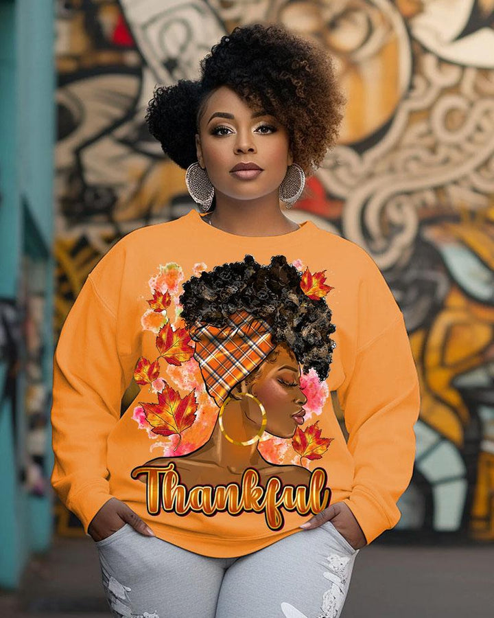 Women's Crewneck Black Girl Thanksgiving Day Slogan Thankful Print Long Sleeve Sweatshirts