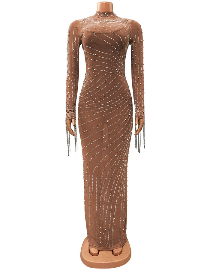 Women's Fashion Sexy Mesh Hot Diamond Party Evening Long Dress