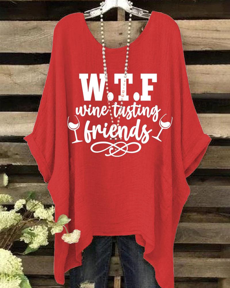 Women's Thanksgiving Wine Tasting Friends Pattern Printed Round Neck Batwing Sleeve Blouses