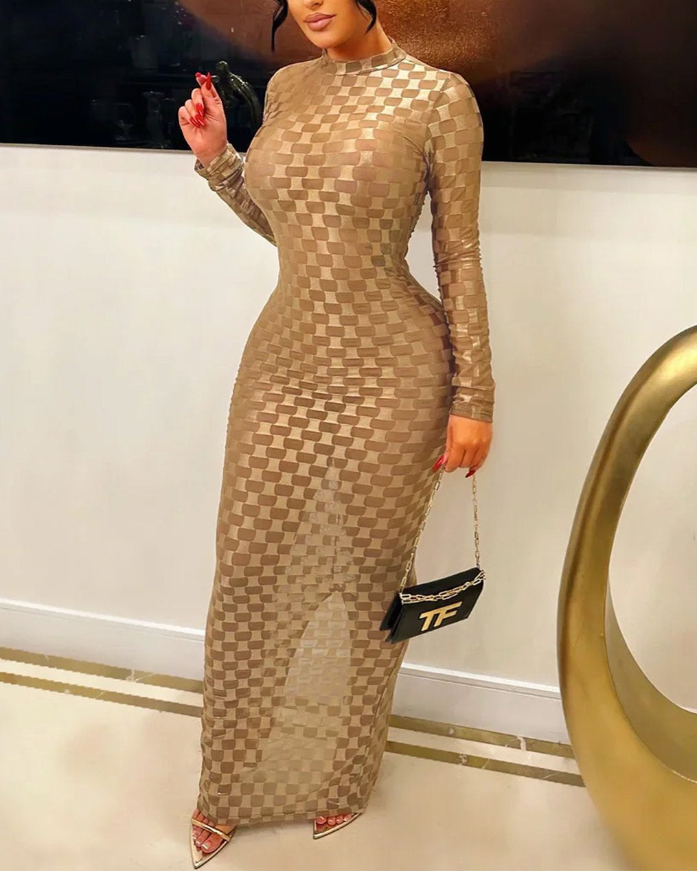 Women's Fashionable Pure Color Sexy Simple High-End See-Through Party Long-Sleeved Dress