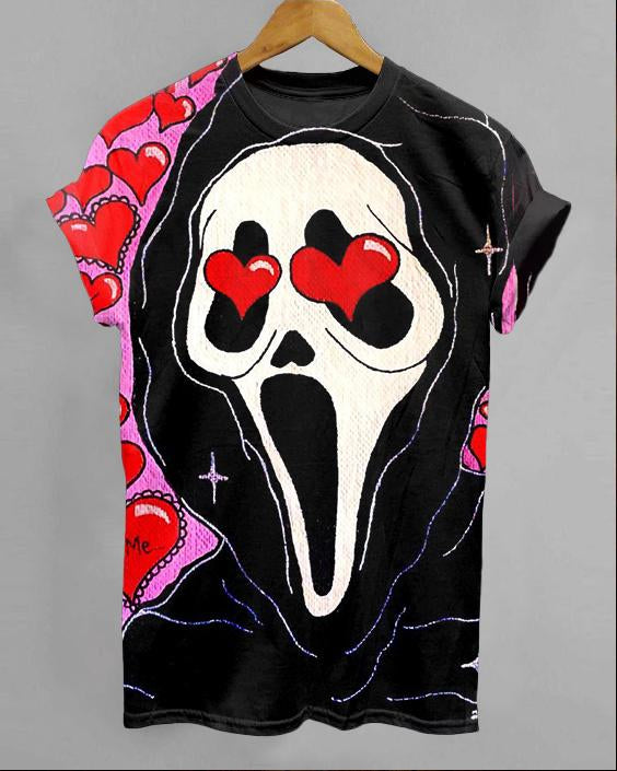 Halloween Fall In Love Skull Print Crew Neck Short Sleeve Shirt