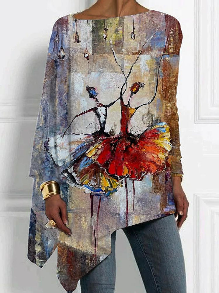 Fashion oil painting personality printing irregular hem top