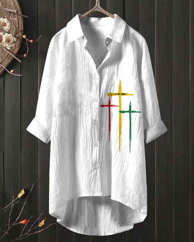 Jesus Contrasting Colors Cross Long Sleeves Blouses