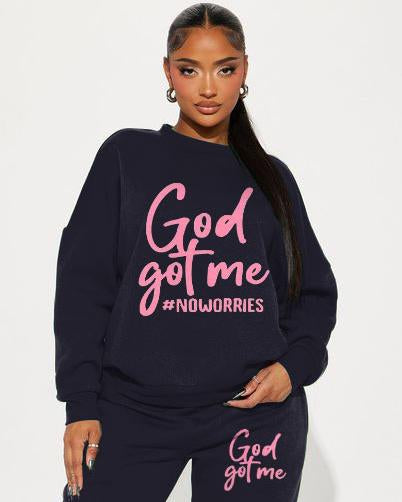 Letter God Got Me Sweatshirt Two Pieces Set