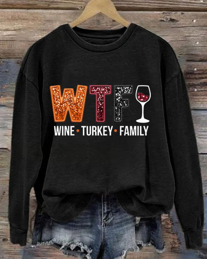 Women's Thanksgiving Wine Turkey Family Print Round Neck Sweatshirt