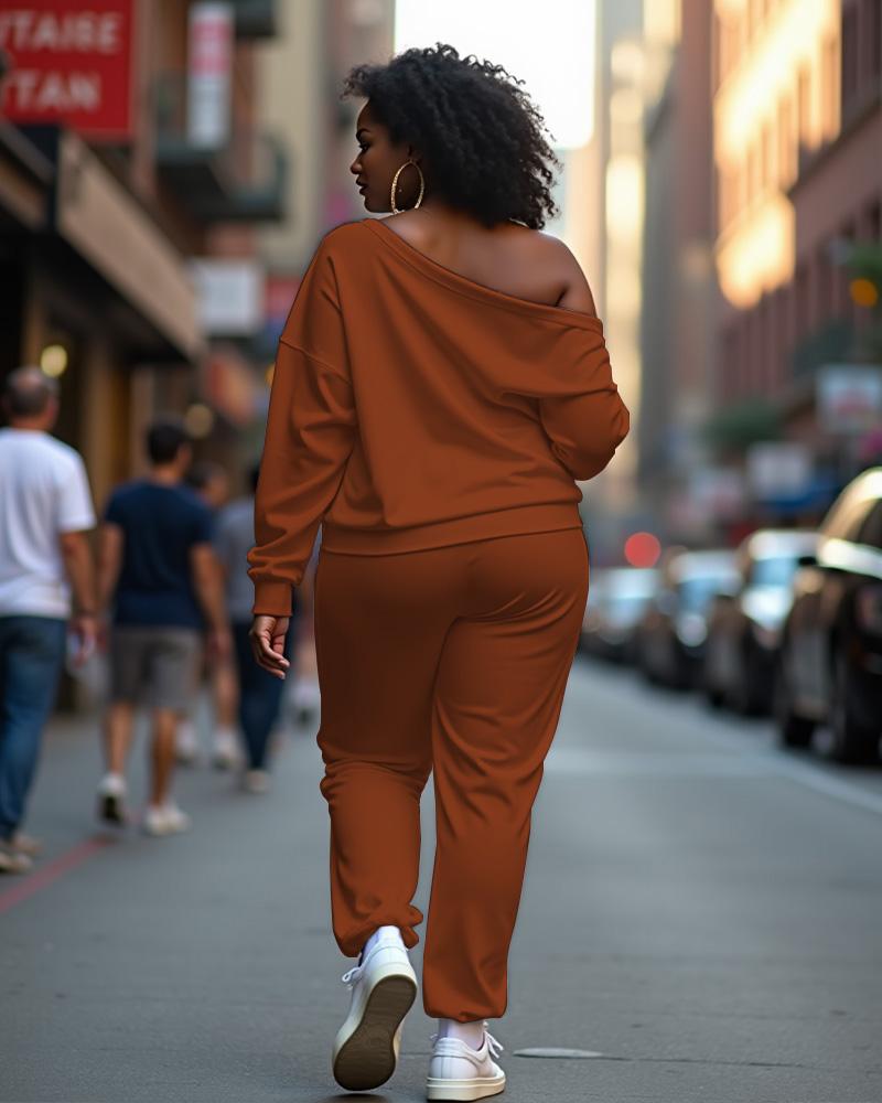 My Melanin Game Is Strong Long-Sleeved Off-Shoulder Sweatshirt and Solid Color Casual Pants