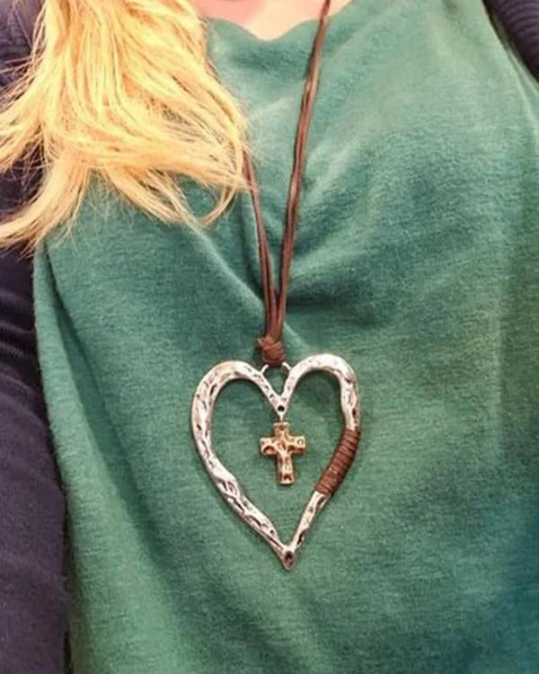 Vintage Cross Love Heart Adjustable Pendant Necklace