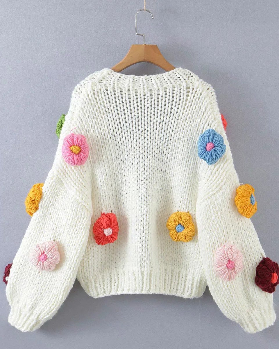 Women's Fashion Loose Thick Needle Wool Handmade Flower Lantern Sleeve Knitted Sweater Cardigan