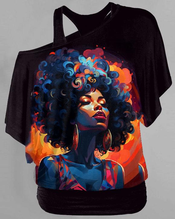 Colorful Afro Girl Oil Painting Double Layer 2 Pieces Loose Top T-shirt