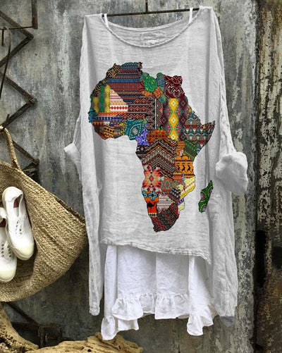 Tribal Color Block Africa Map Linen Blend Flowy Tunic