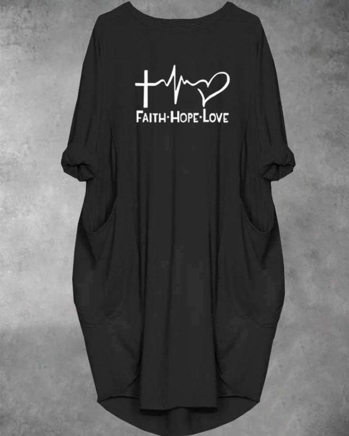 Faith Hope and Love Letters Long Sleeve Pockets Midi Dresses