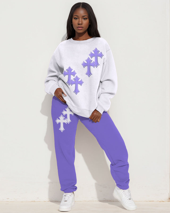 Colorblock Cross Print Long Sleeve Sweatshirt Two Pieces Set