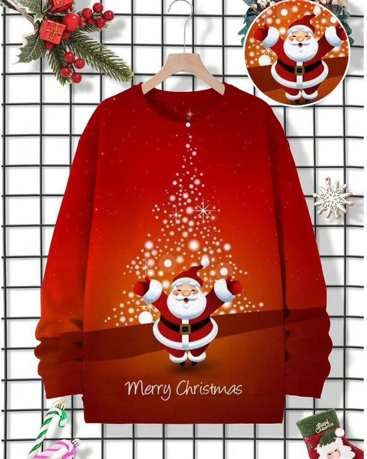 Santa Claus And Christmas Tree Long Sleeve Crewneck Sweatshirt