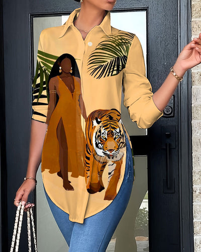 Brown Queen Tiger Single Breasted Irregular Long Sleeves Blouses
