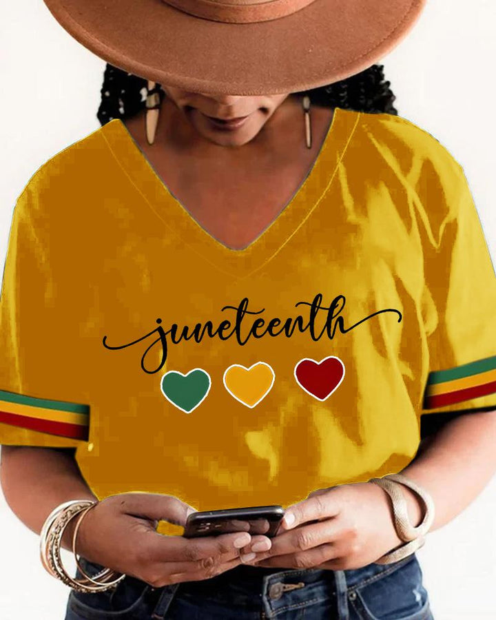 Juneteenth Heart Letter Print V Neck Short Sleeves