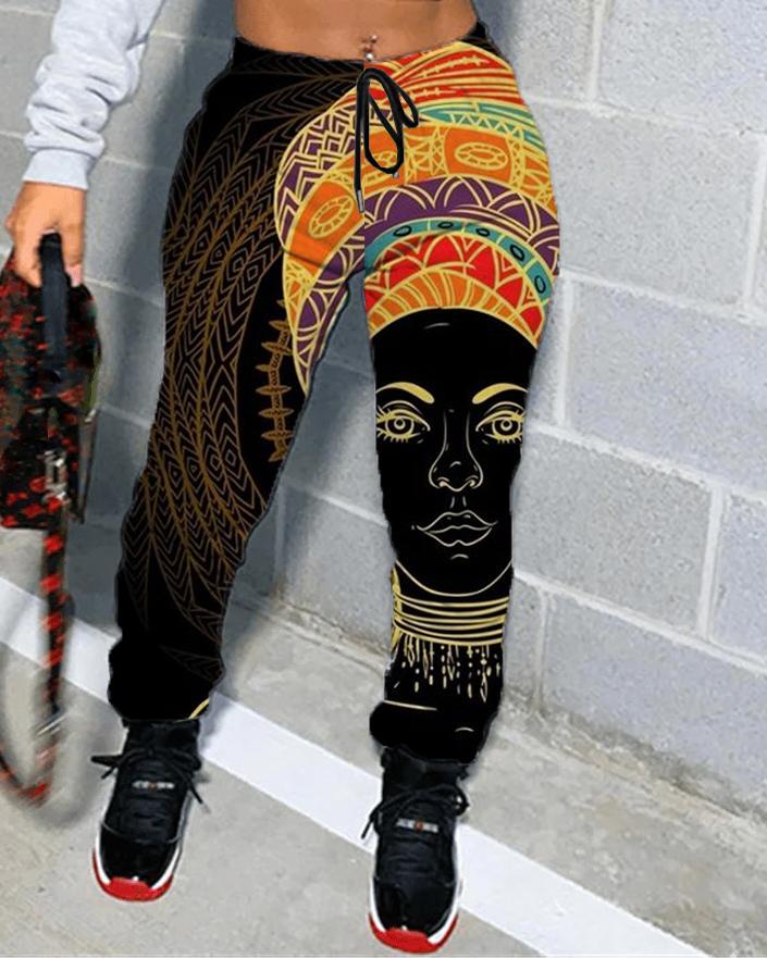 Casual Black Girl Print Track Sweatpants